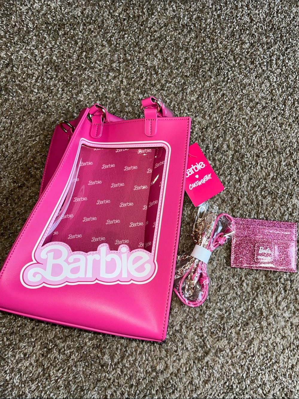 Barbie Bright Pink Clear-Front Tote with Glitter Card Holder NWT
